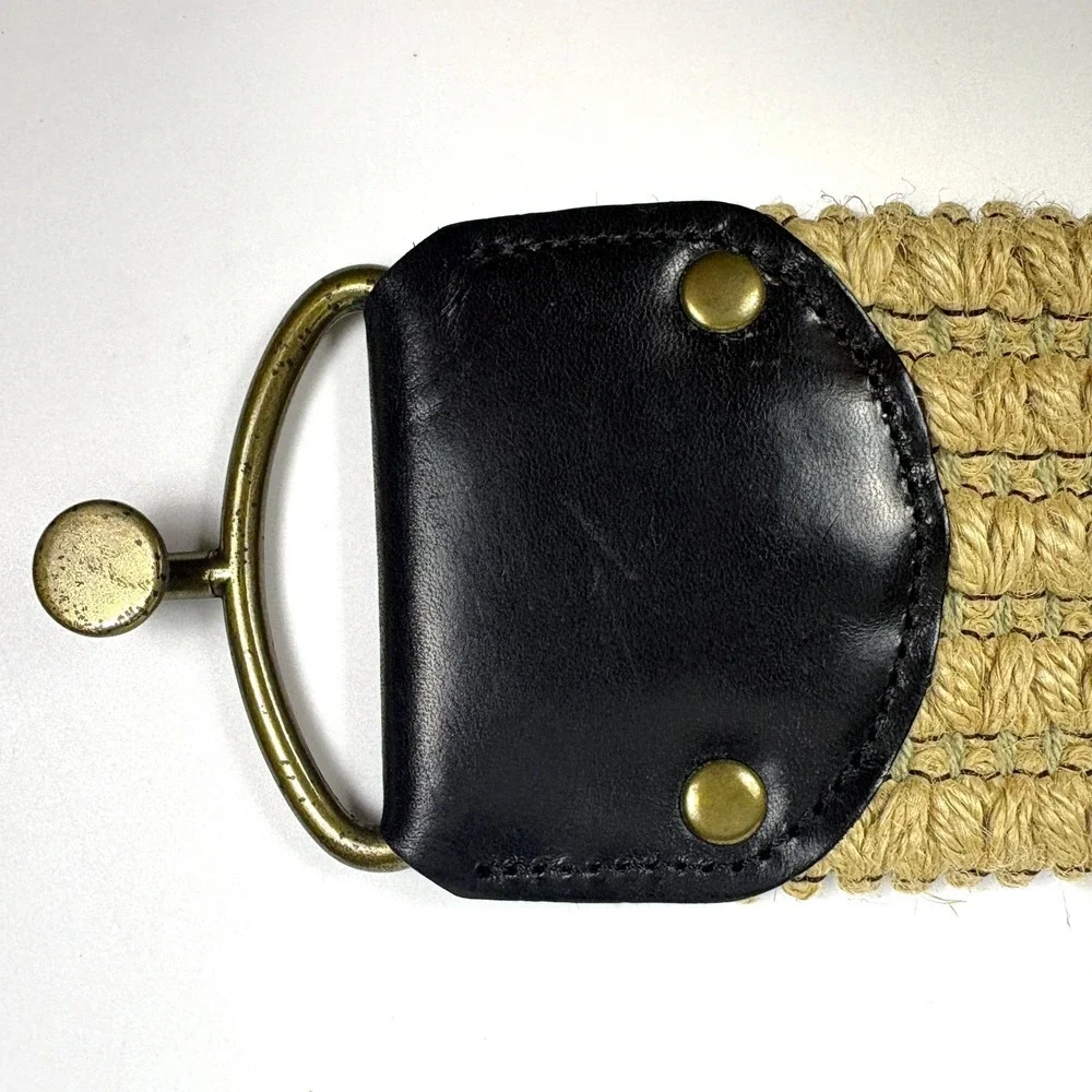 VTG 80s Wide Woven‎ Jute Waist Cinch Belt Womens Sz S/M Brown Genuine Leather